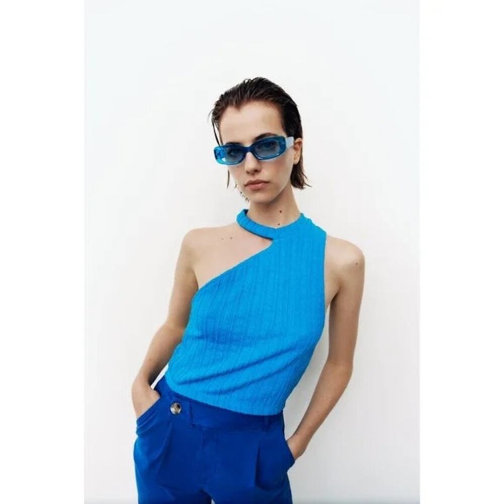 NWT Zara Cut Out Cable Knit Sleeveless Stretch Cropped Top Round Neck L Blue